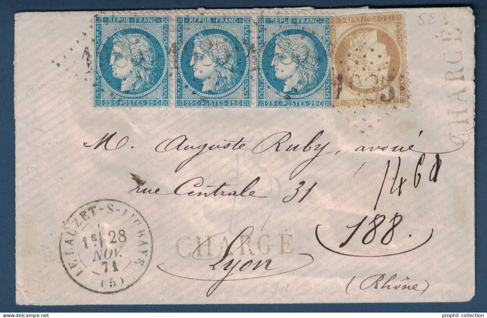 GRIFFE ROUGE CHARGÉ Sur LETTRE AFFRANCHIE À 90c Avec BANDE CÉRES N° 60 + 59 OBL. GC 1985 CAD LE LAUZET SUR L'UBAYE ALPES - 1849-1876: Période Classique