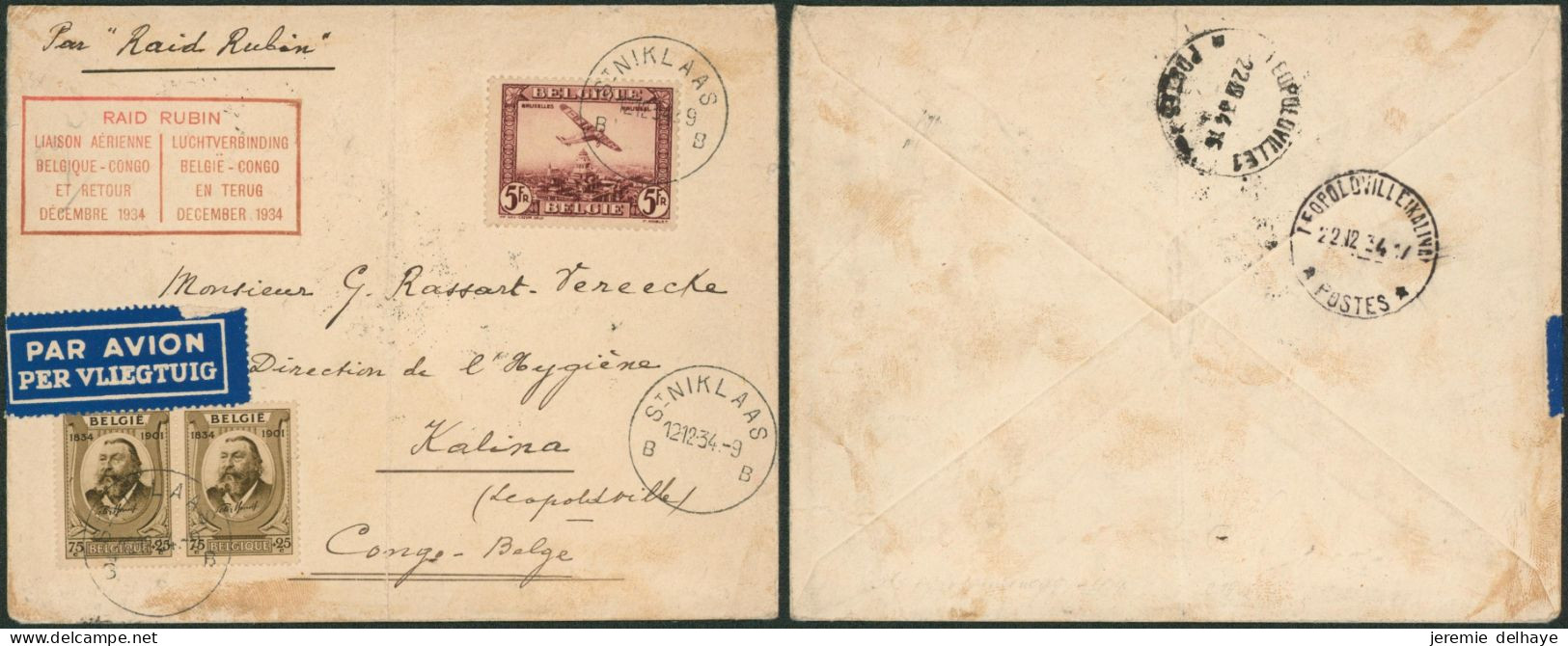 PA4 + N°385 X2 (variété V2) Sur Lettre Par Avion "Raid Rubin" De St-Niklaas (1934) > Kalina (Congo Belge) - Storia Postale