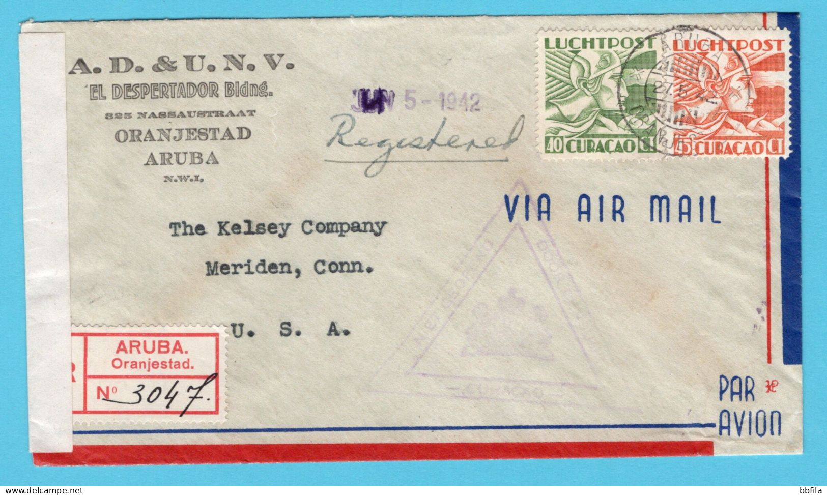 CURAÇAO Luchtpost R Censuur Brief 1942 Oranjestad, Aruba Naar Meriden, USA - Curacao, Netherlands Antilles, Aruba