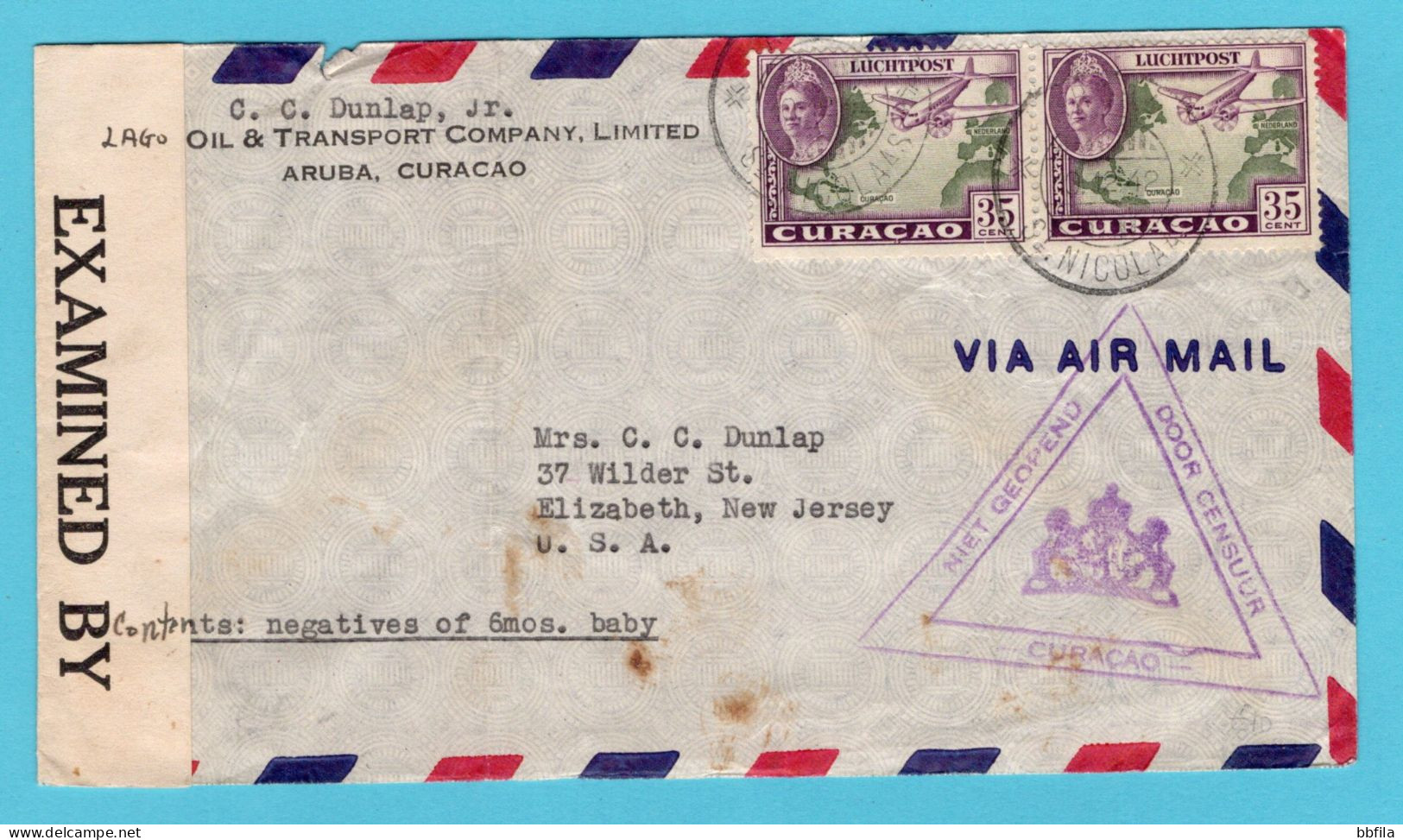 CURAÇAO Luchtpost Censuur Brief 1942 St Nicolaas, Aruba Naar Elizabeth, USA - Curacao, Netherlands Antilles, Aruba