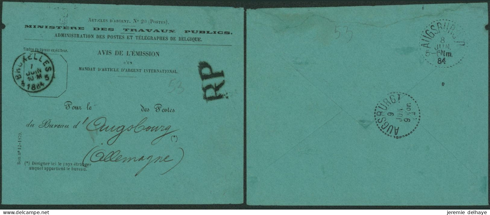 Administration Des Postes De Belgique - Avis De L'émission D'un Mandat D'article D'argent International (Bruxelles 1884) - Franchigia