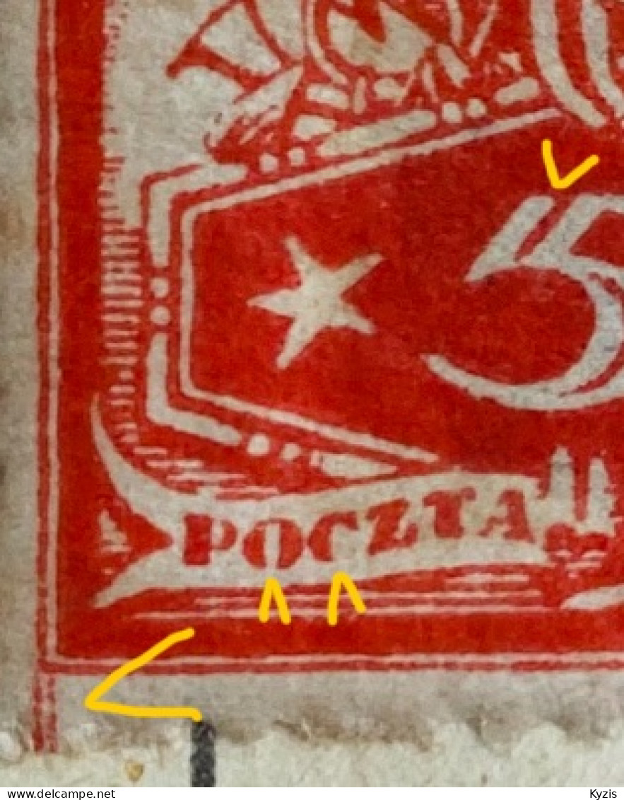 Pologne 1920 - Timbre Officiel Rouge 50f - VARIÉTÉ GROS DÉFAUTS - Neufs