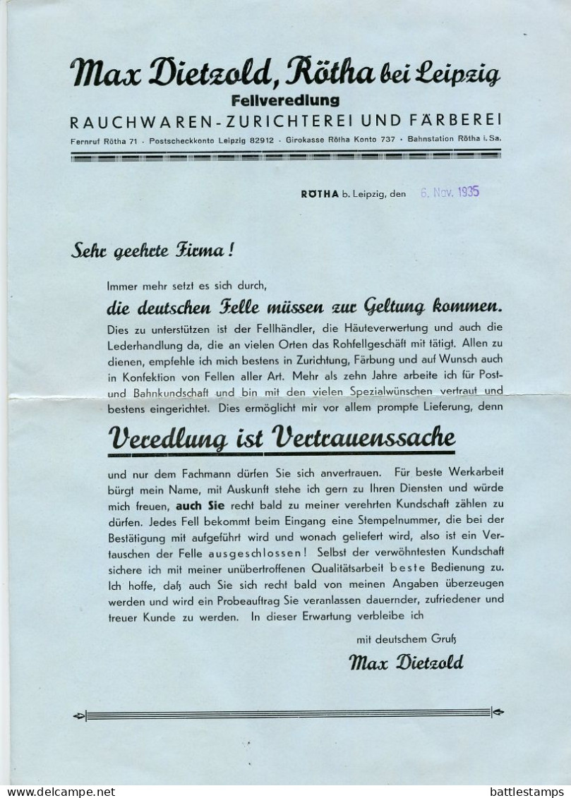 Germany 1935 Cover & Adverts; Rötha - Josef Schulz, Fellveredlung Rauchwarenzurichterei U. Färberei; 4pf. Hindenburg - Lettres & Documents