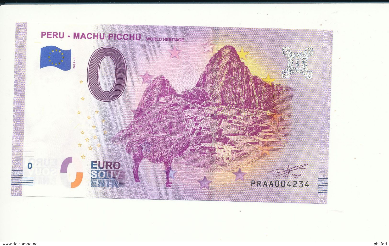 Billet Touristique 0 Euro - PERU - MACHU PICCHU WORLD HERITAGE - PRAA -  2019-1 - N° 4234 - Autres & Non Classés