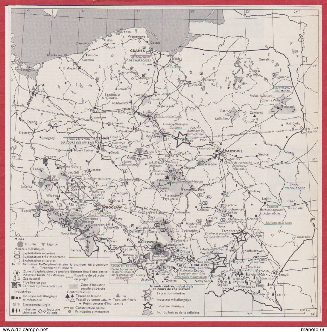 Pologne. Carte économique. Mines, Industries, Grands Centres Industriels En Cours De Réalisation. Larousse 1960. - Documentos Históricos
