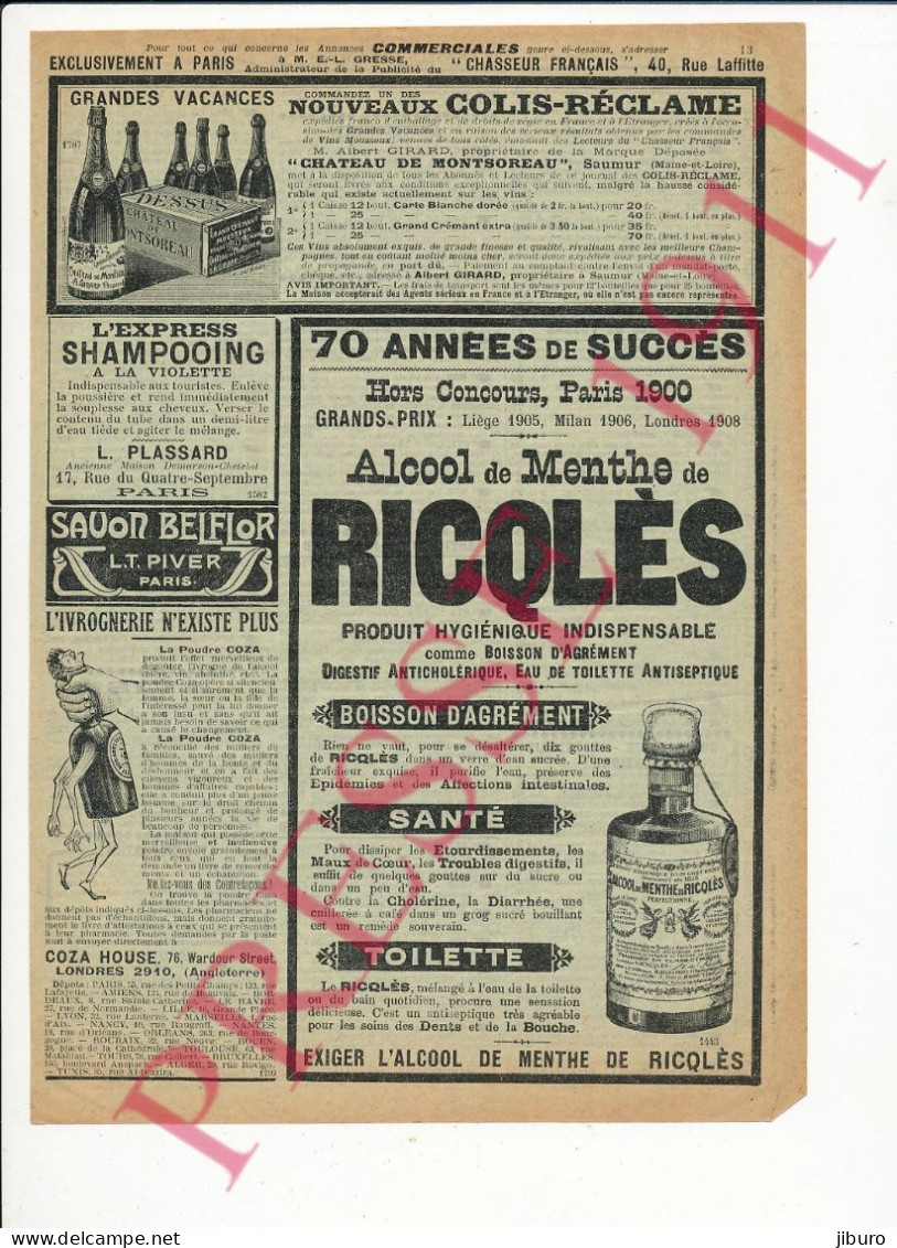 Publicité1911 Château De Montsoreau Vin Girard Saumur Plassard Paris Ricqlès Savon Belflor Coza House Londres Ivrognerie - Publicités