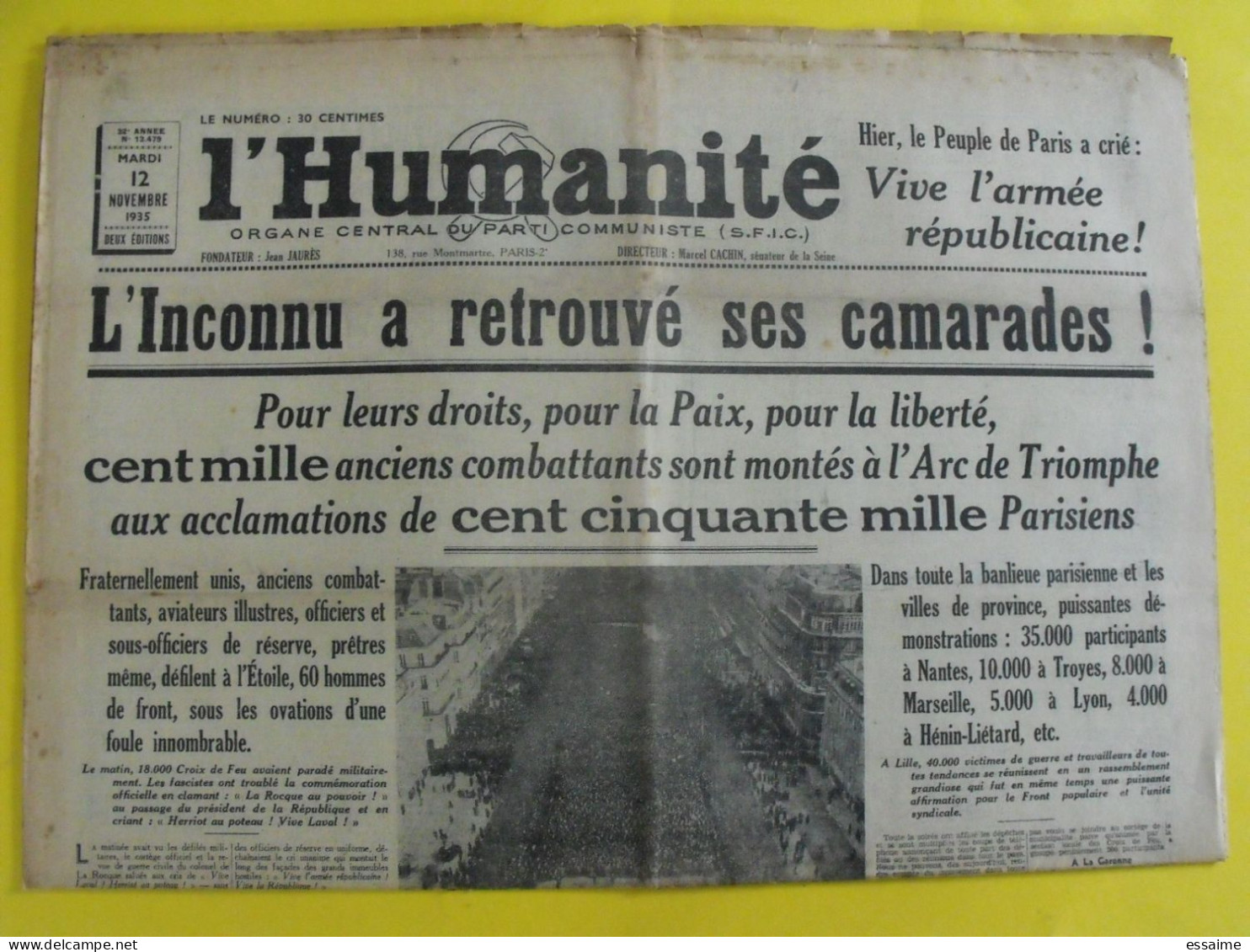 Journal L'Humanité Du 12 Novembre 1935. Vaillant Couturier Piot Fascites Duclos Clamanus Cachin - Sonstige & Ohne Zuordnung