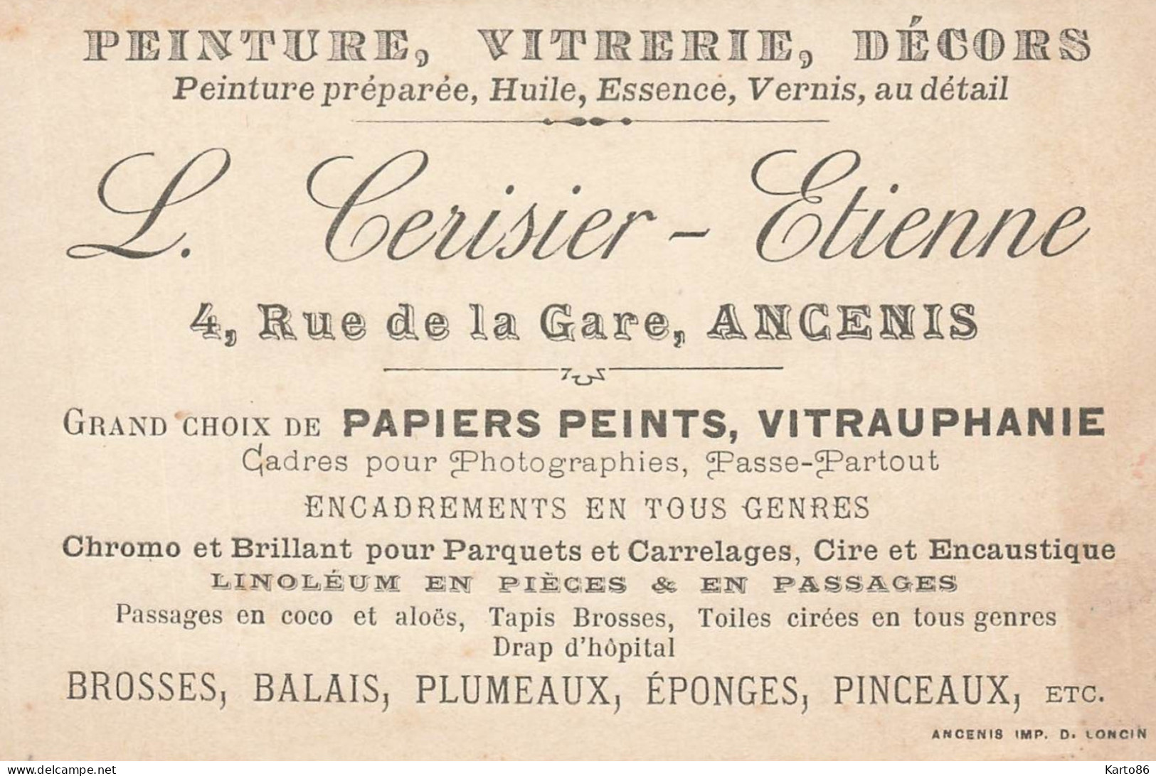 Ancenis * Peinture Vitrerie L. CERISIER ETIENNE 4 Rue De La Gare * Carte De Visite Publicitaire Ancienne - Ancenis