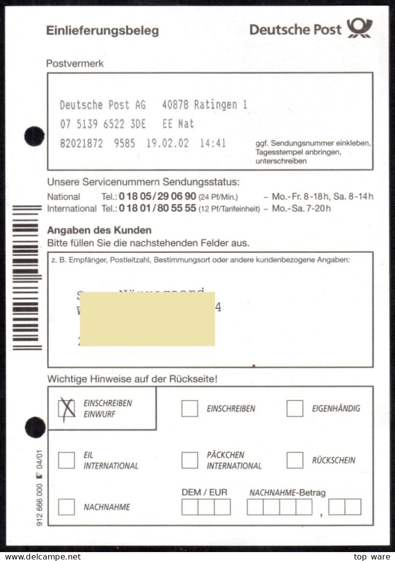 Deutschland Bund ATM 1 F Hu / Fehlverwendung Nagler Posthornaufdruck R-Brief 410Pf. 19.2.02 Von Ratingen 1 - Timbres De Distributeurs [ATM]