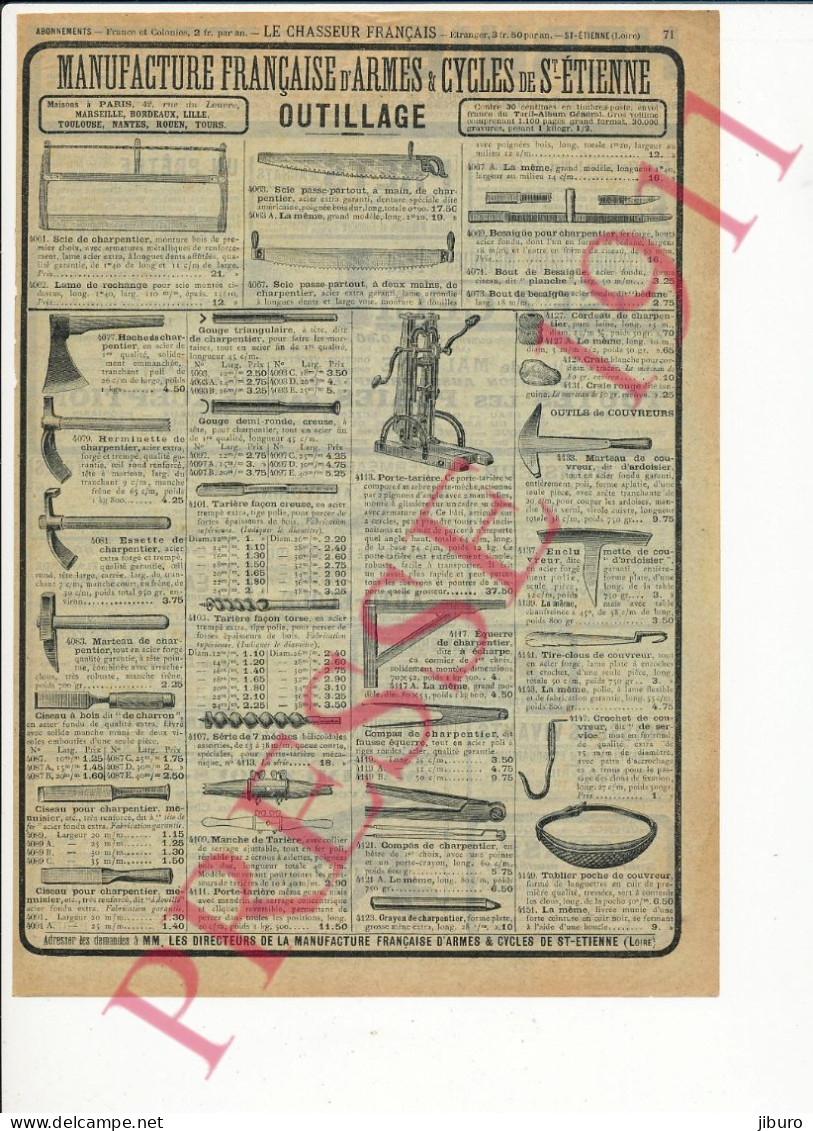 Publicité 1911 Outillage Outil De Charpentier Herminette Essette Marteau Compas Besaigüe  Tire-clous Couvreur Métier - Publicités