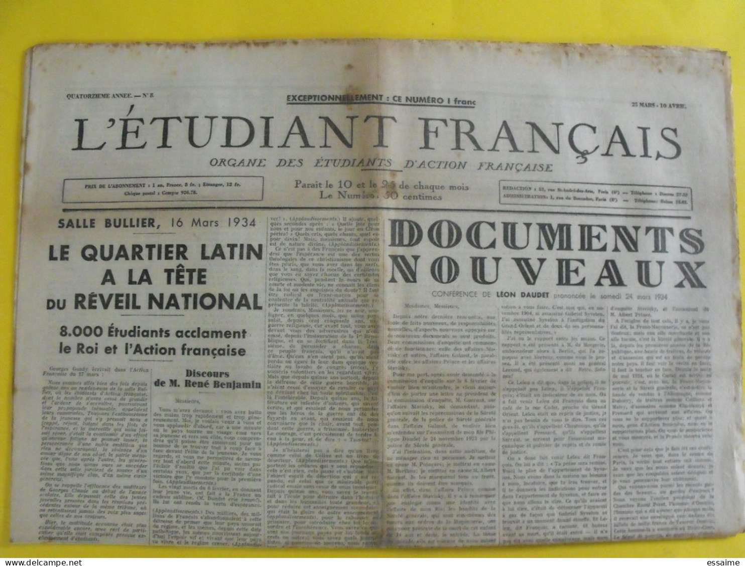 Journal L'étudiant Français Action Française Du 25 Mars- 10 Avril 1934. Léon Daudet Charles Maurras Pujo Benjamin - Sonstige & Ohne Zuordnung