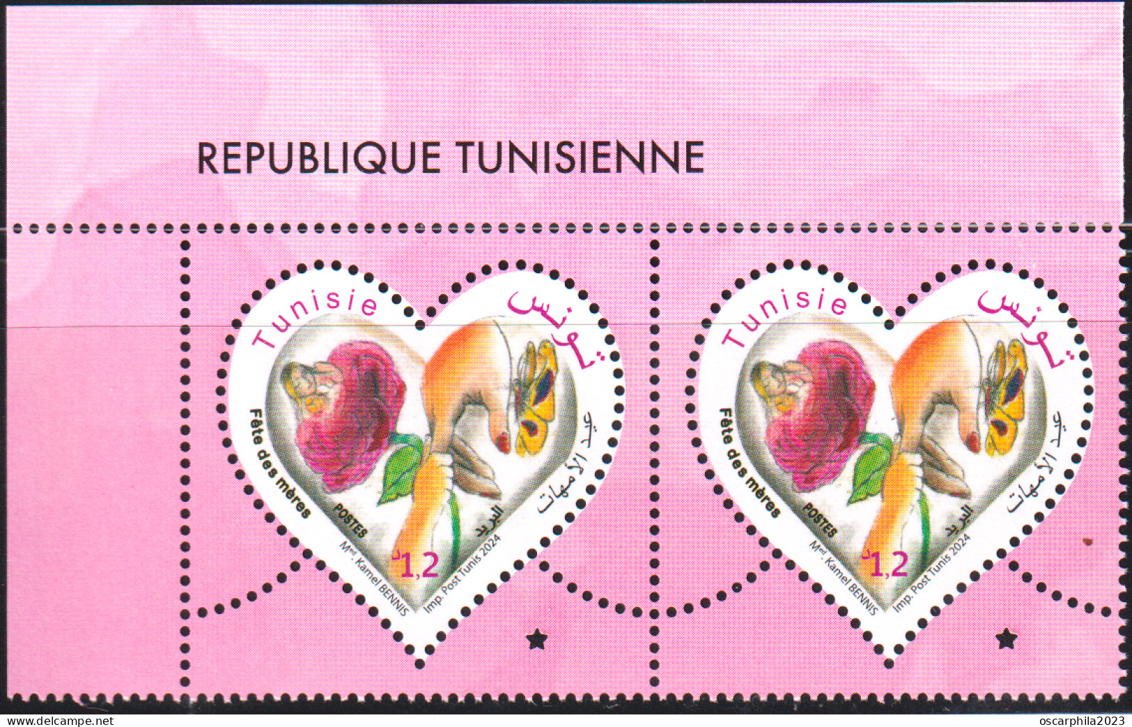 2024-Tunisie- Fête Des Mères -Femme- Enfant- Rose- Papillon- Mains- En Paire 2v   -.MNH****** - Tunisie (1956-...)