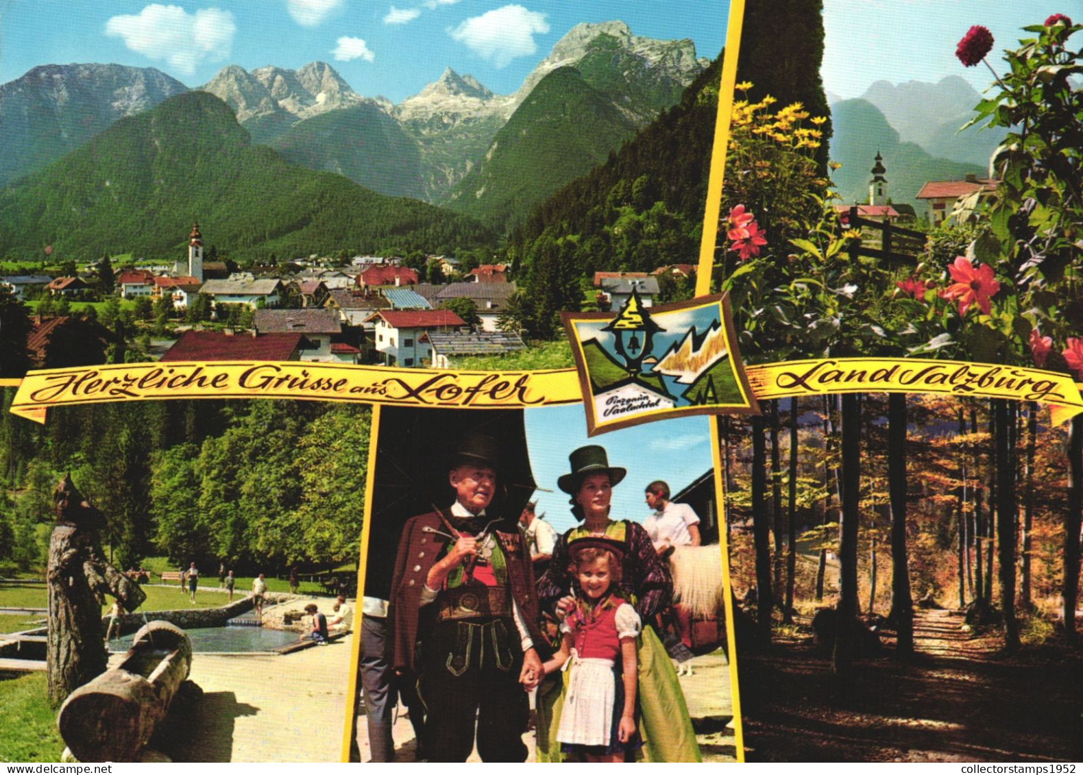 LOFER, SALZBURG, MULTIPLE VIEWS, ARCHITECTURE, MOUNTAIN, POOL, RESORT, FOLKLORE, COSTUME, GIRL, AUSTRIA, POSTCARD - Lofer