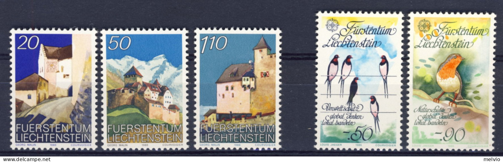 1986-Liechtenstein (MNH=**) 2 Serie 5 Valori Europa,castello Di Vaduz - Unused Stamps