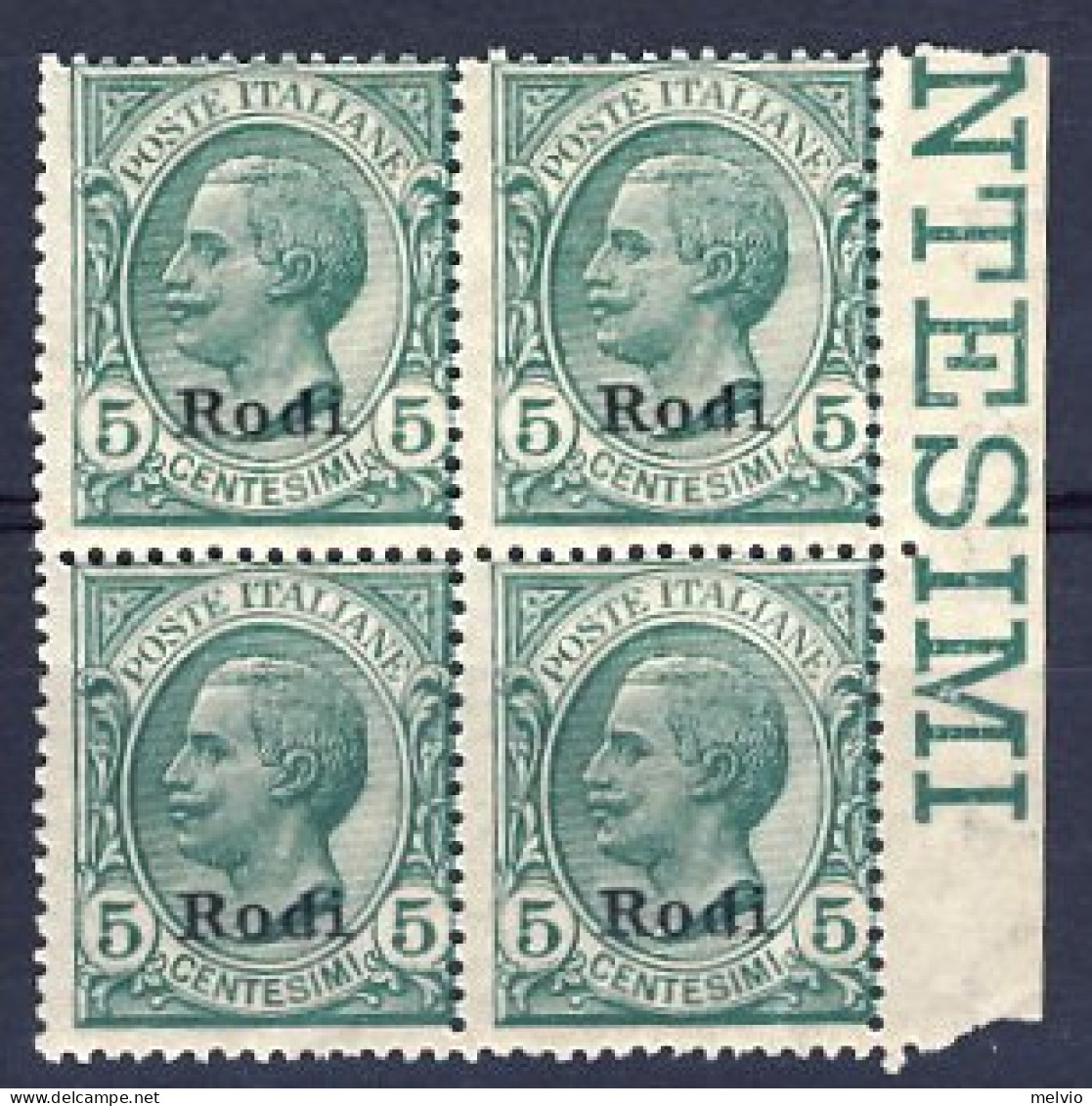 1912-Rodi (MNH=**) Quartina Del 5c. Leoni Cat.Sassone Euro 50 - Egeo (Rodi)