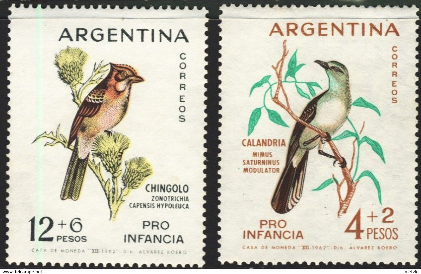 1962-Argentina (MNH=**) S.2v. "Pro Infanzia Uccelli Birds" - Nuovi