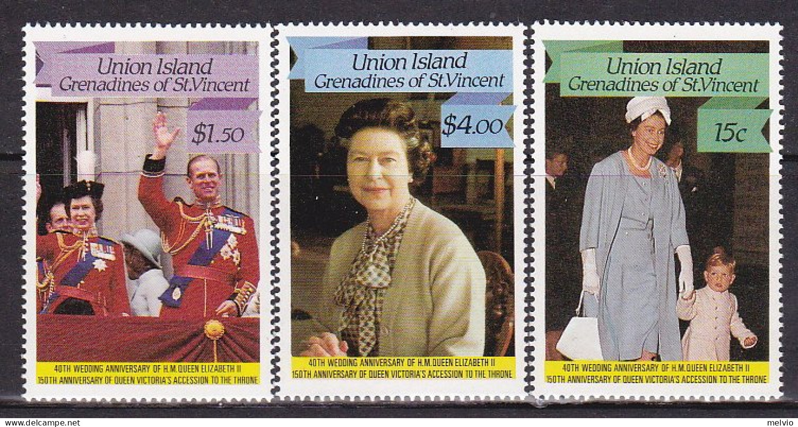 1987-Union Island St.Vincent (MNH=**) S.5v."40 Anniversario Matrimonio Elisabett - St.Vincent (1979-...)