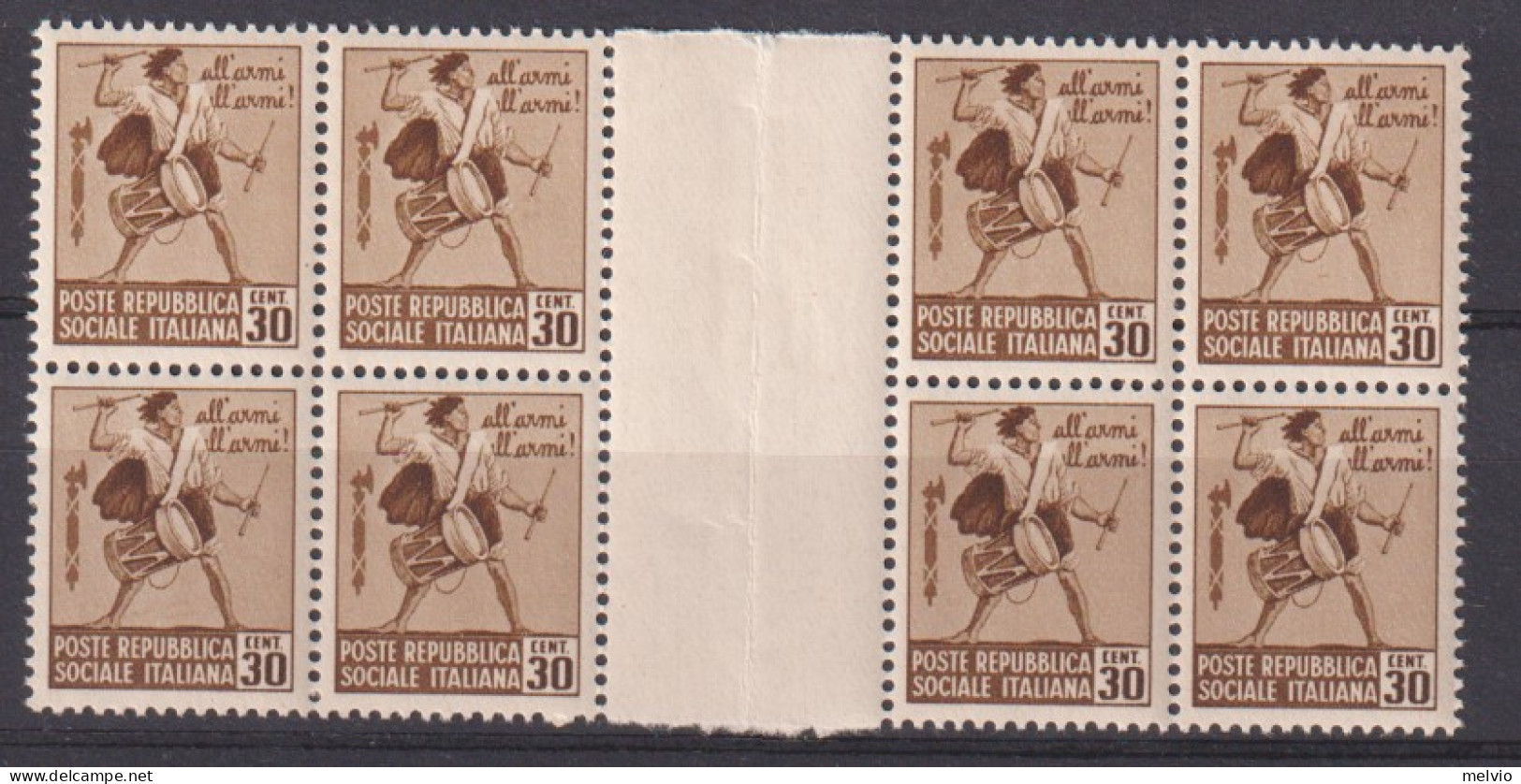 1944-Italia (MNH=**) Due Quartine Del 30c.Taamburino Con Interspazio Di Gruppo - Mint/hinged