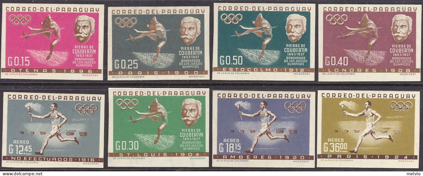 1964-Paraguay (MNH=**) S.8v.non Dentellati "commemorazione Giochi Olimpici Pierr - Paraguay