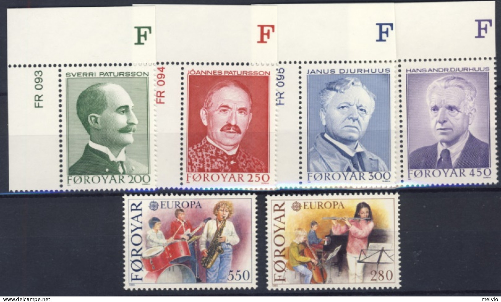 1984/5-Faeroer (MNH=**) 2 Serie 6 Valori Scrittori Famosi,Europa,musica - Faeroër