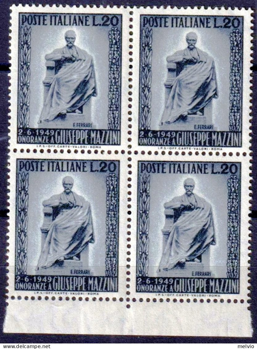 1949 (MNH=**) MAZZINI Blocco Quattro Lire 20 Nuovo Gomma Originale Ed Integra - 1946-60: Nieuw/plakker