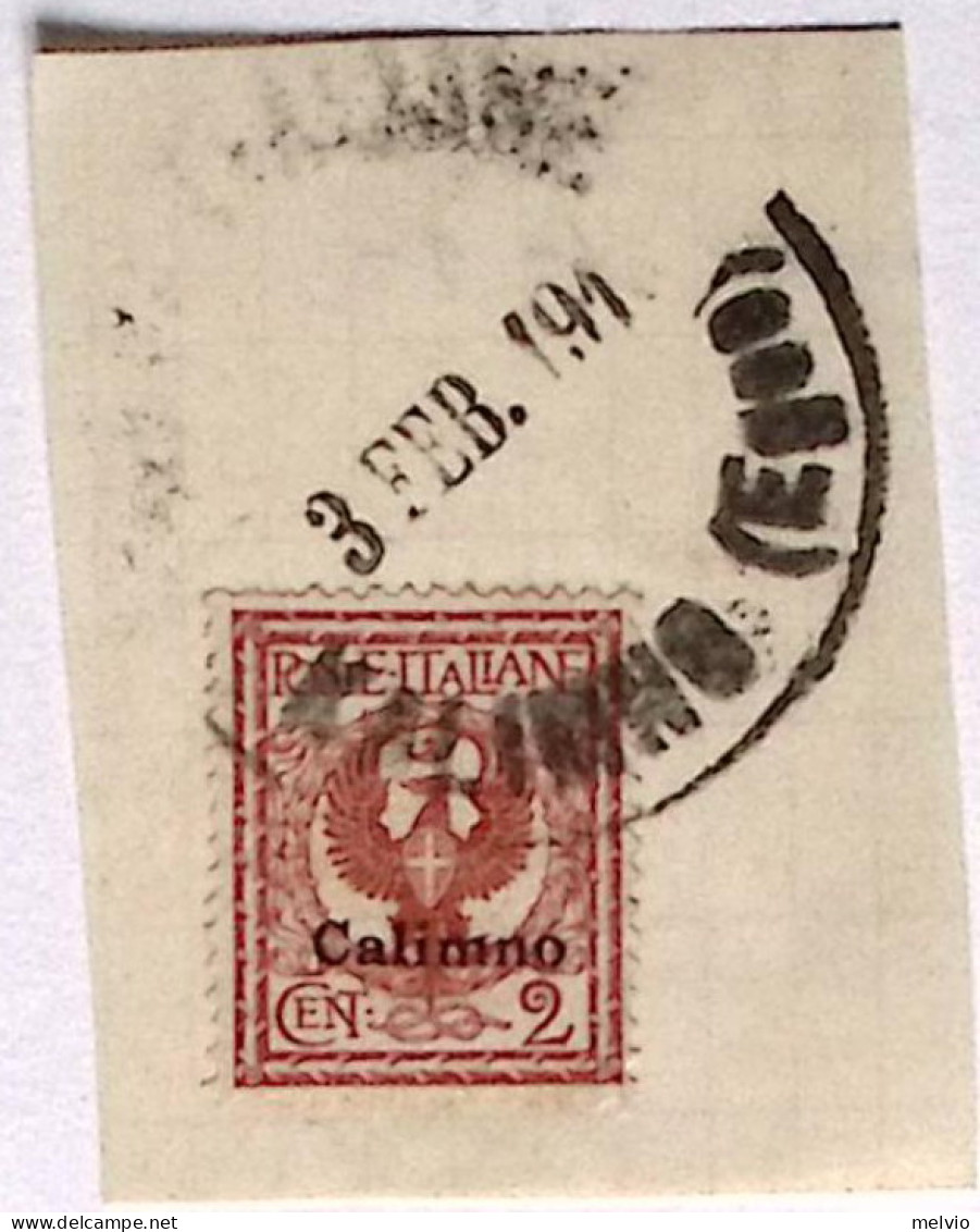 1913-POSTE ITALIANE/KALIMNO (Egeo) C1 Gomma Viola Deformato (3.2) Su Frammento A - Egeo (Calino)