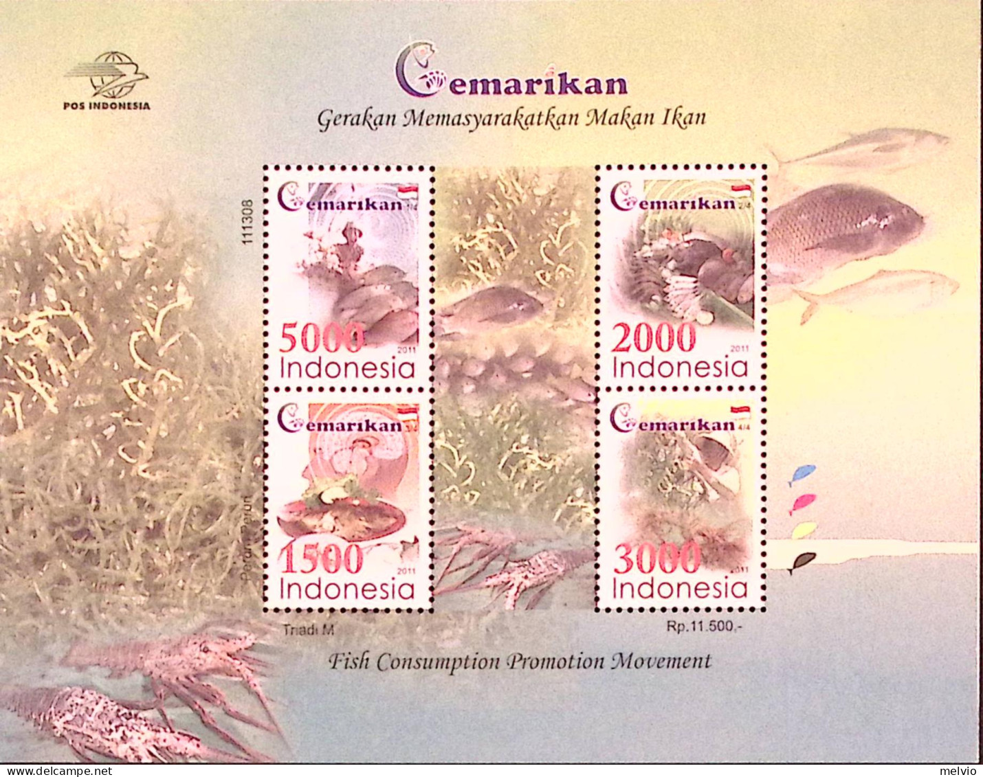 2011-Indonesia (MNH=**) Foglietto Serie 4 Valori Cemarican Campagna Consumo Pesc - Indonesië