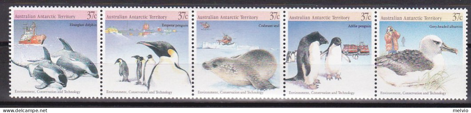 1988-Antartico Australiano (MNH=**) Striscia S.5v."animali,ambiente Conservazion - Ongebruikt