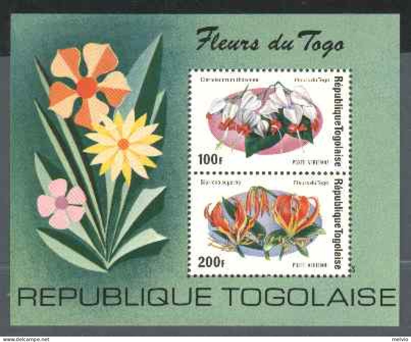 1975-Togo (MNH=**) Foglietto 2v."Fiori" - Togo (1960-...)