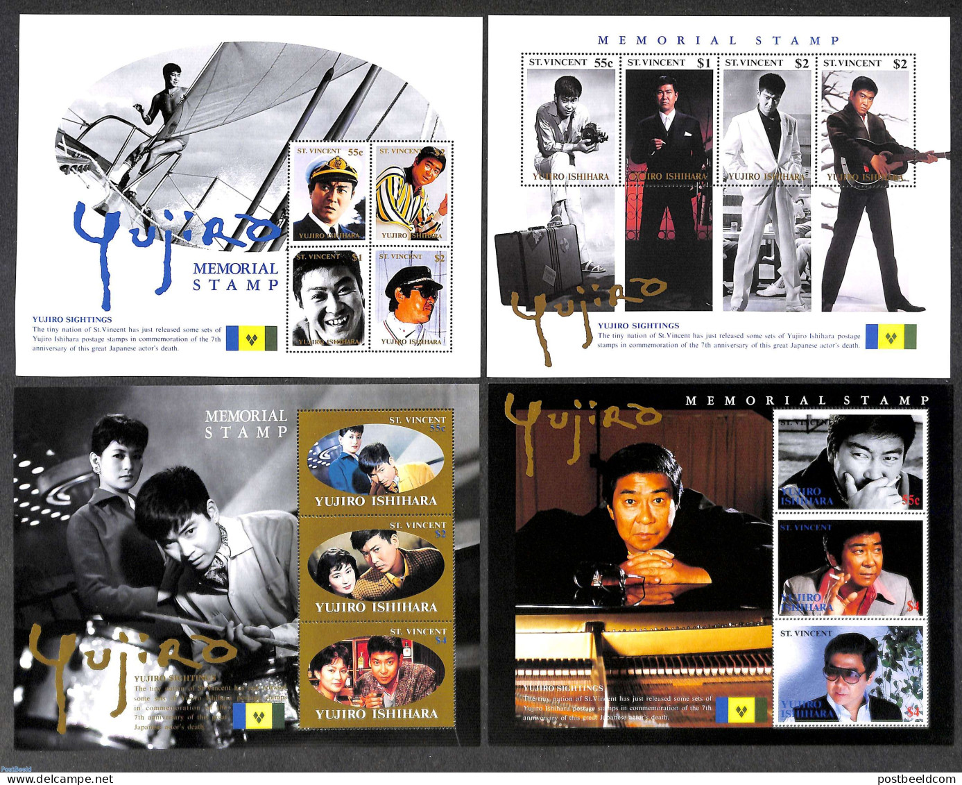 Saint Vincent 1993 Yujiro Ishihara 4 S/s, Mint NH, Performance Art - Transport - Film - Movie Stars - Music - Ships An.. - Kino