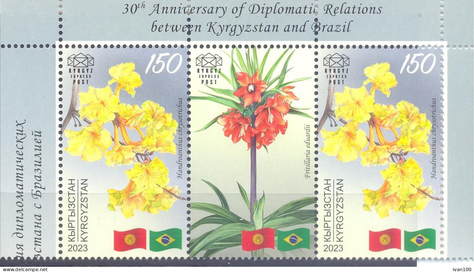2024.Kyrgyzstan, 30y Of Diplomatic Relations With Brazil, Flowers,  2v With Label,  Mint/** - Kyrgyzstan