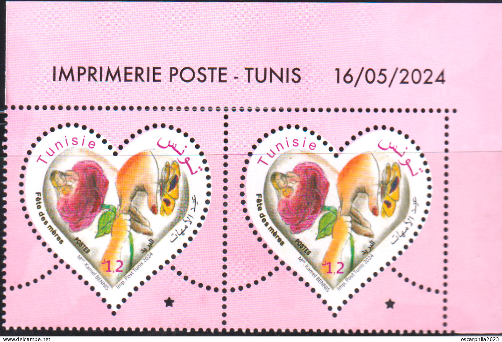 2024-Tunisie- Fête Des Mères -Femme- Enfant- Rose- Papillon- Mains- En Paire 2v Coin Daté   -.MNH****** - Día De La Madre