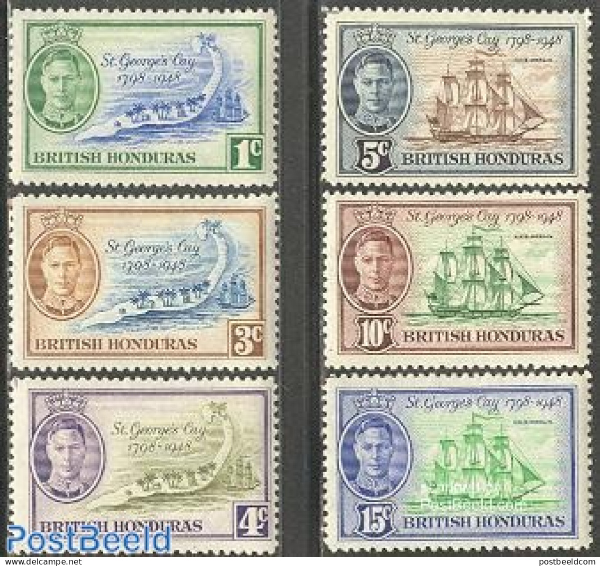 Belize/British Honduras 1949 St Georges Cay Battle 6v, Mint NH, Transport - Various - Ships And Boats - Maps - Boten