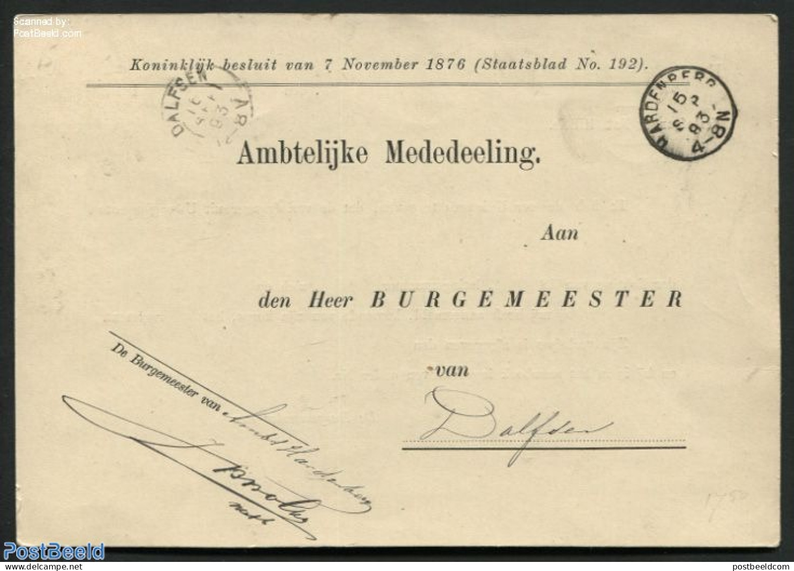 Netherlands, Kleinrond Cancellations 1893 Ambtelijke Mededeeling From Hardenberg To Dalfsen, Postal History - Other & Unclassified