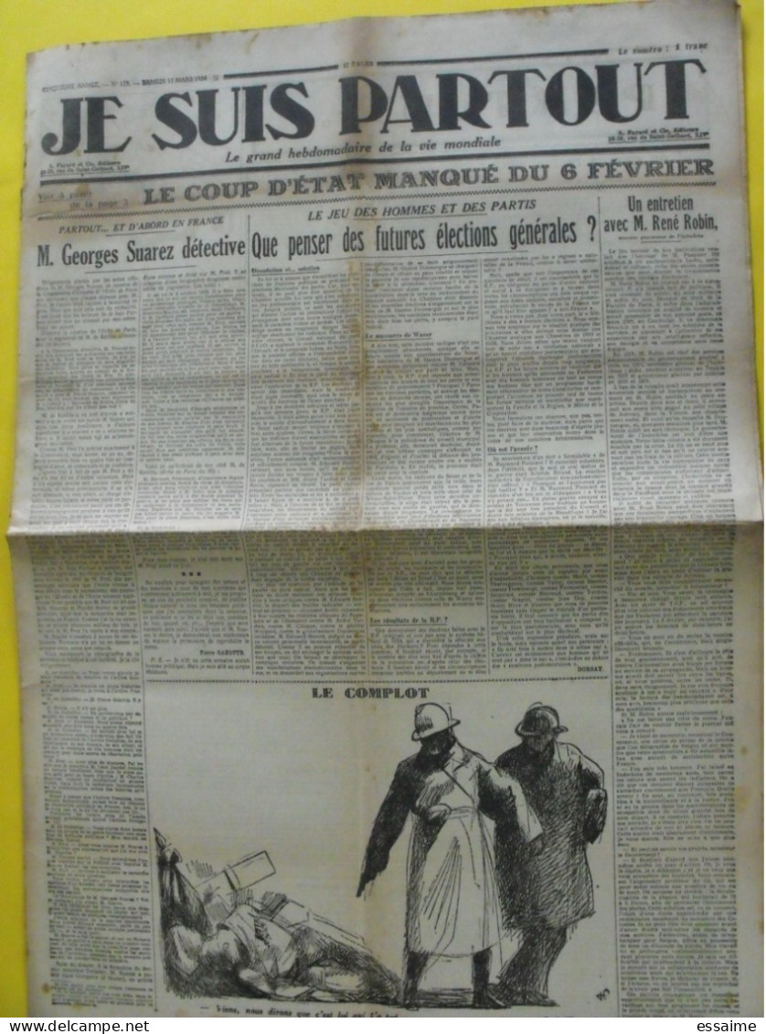 Journal Je Suis Partout Du 17 Mars 1934. Robin Suarez Coup D'état Manqué Du 6 Février Gaxotte Dorsay Maffia Stavisky - Autres & Non Classés