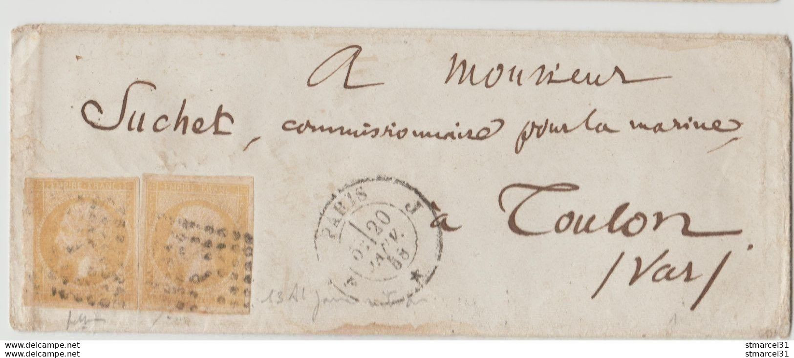 RARETE Enveloppe Avec 2x Jaune Citron Imp Usée 1858 N°13Al TBE Signé - 1853-1860 Napoleone III