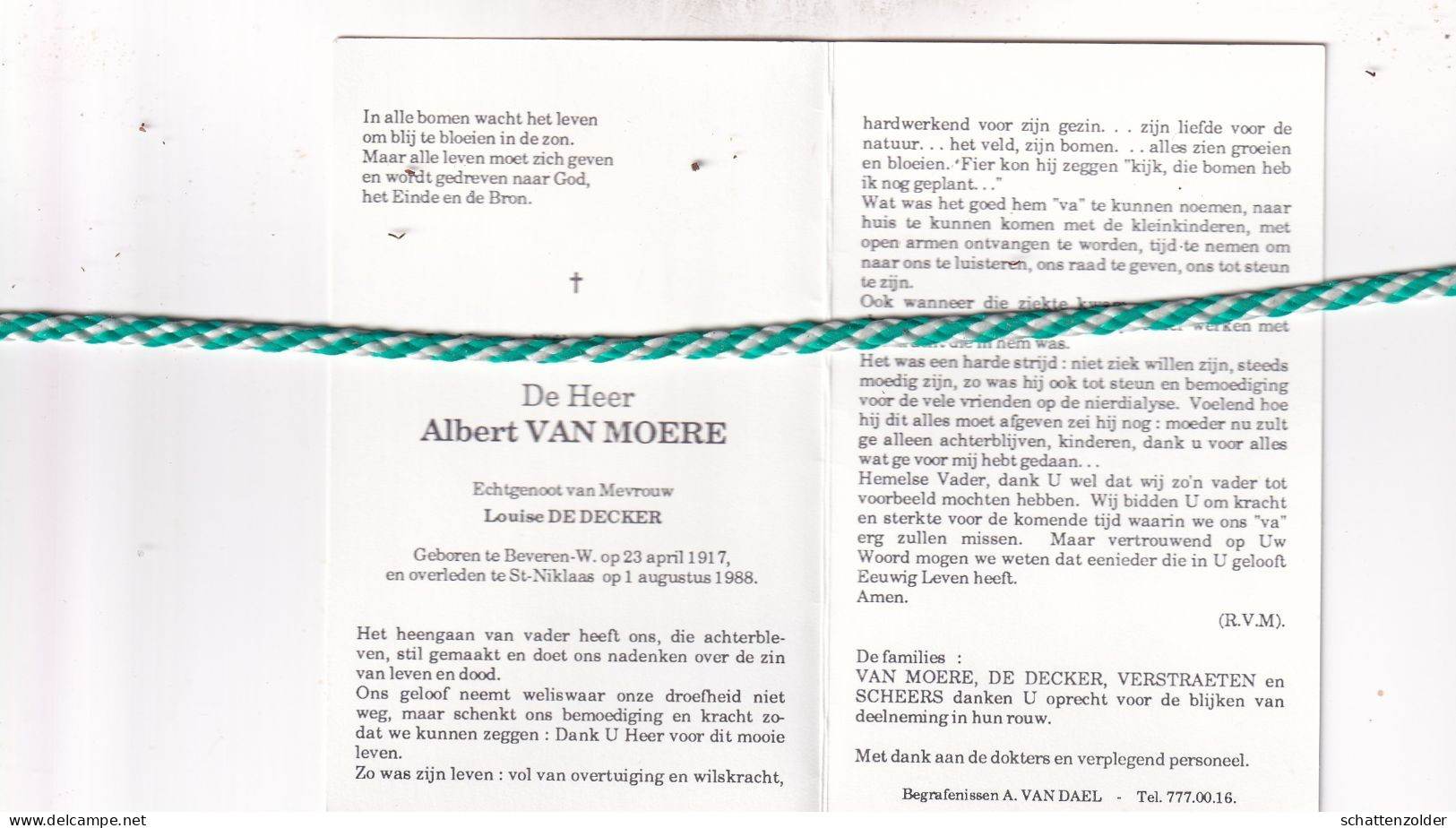Albert Van Moere-De Decker, Beveren-Waas 1917, Sint-Niklaas 1988 - Overlijden