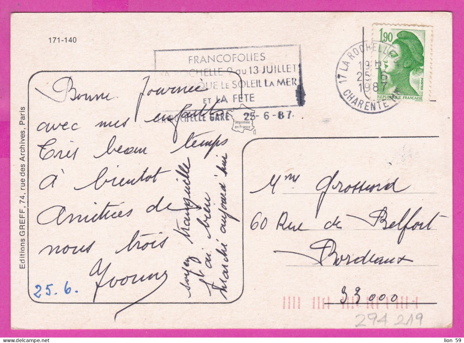 294219 / France - La Rochelle En Aunis PC 1987 USED 1.90 Fr. Liberty Of Gandon , Flamme Musique Le Soleil La Mer Et La F - 1982-1990 Liberté (Gandon)