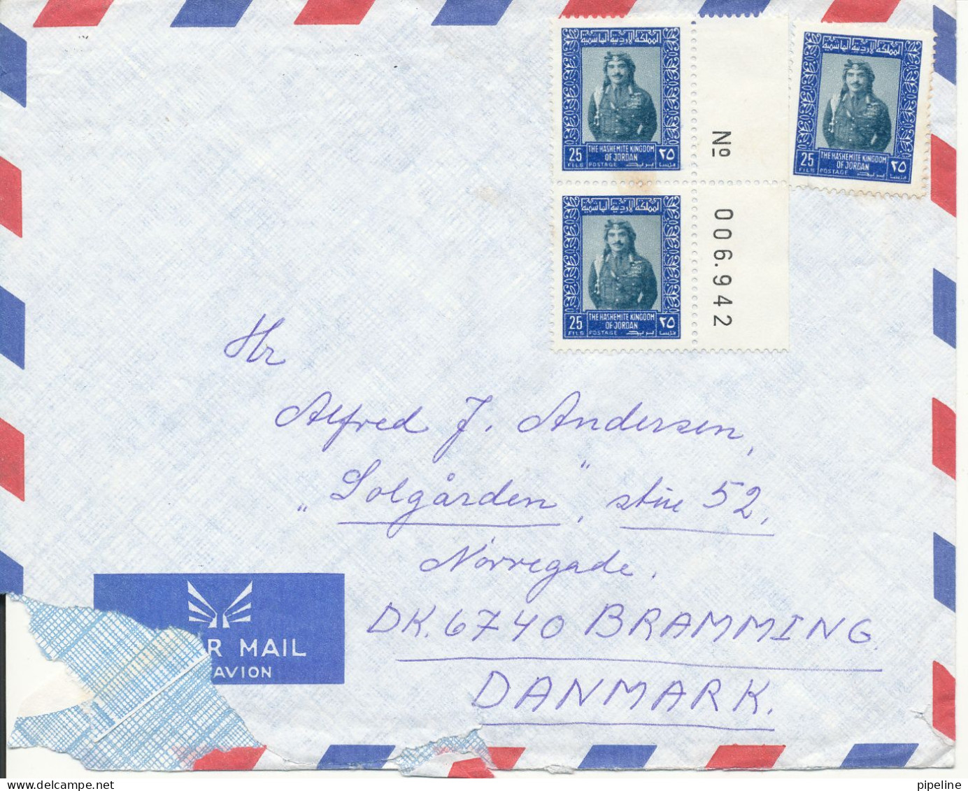 Jordan Air Mail Cover Sent To Denmark 1977 ? No Postmark On The Stamps (sent From UNRWA Temp H.Q.) Cover Damaged In The - Jordanië