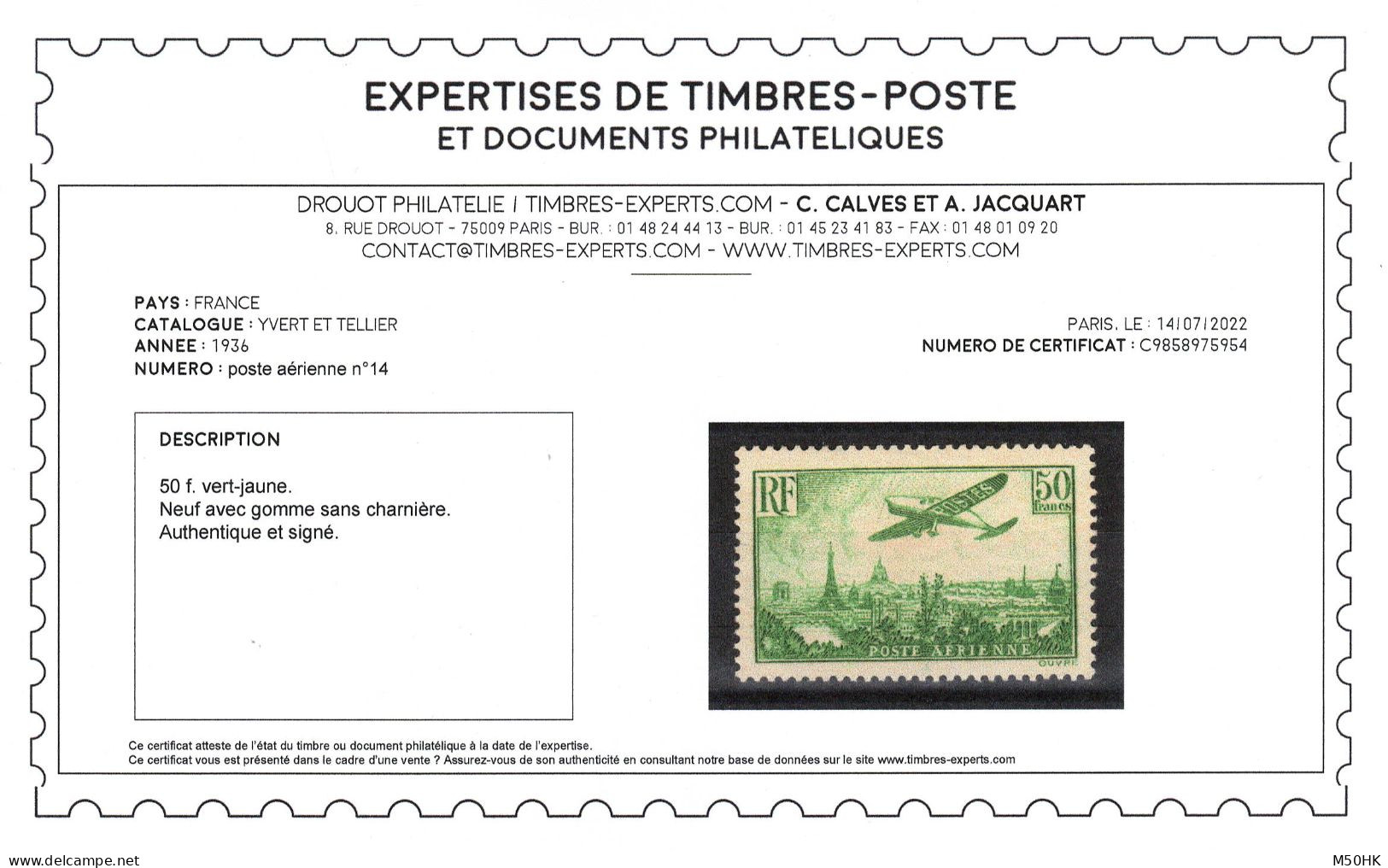 YV PA 14 N** MNH Luxe , Signé CALVES + Certificat , Cote 2000 Euros - 1927-1959 Ungebraucht