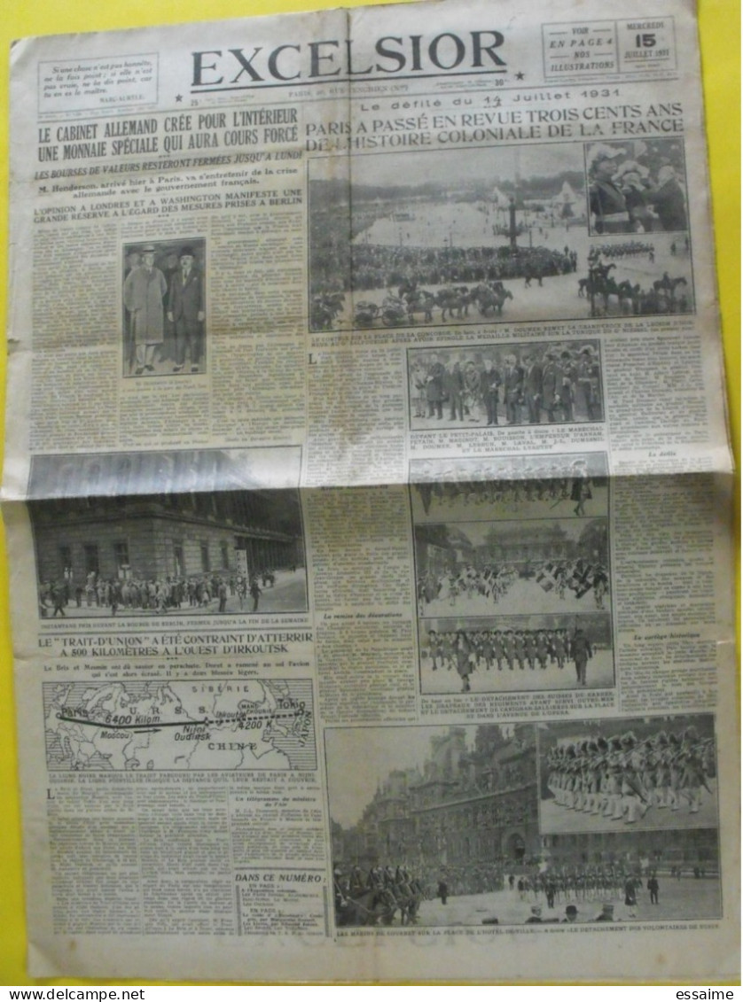 Journal Excelsior Du 15 Juillet 1931.exposition Coloniale Crise Financière En Allemagne - Sonstige & Ohne Zuordnung