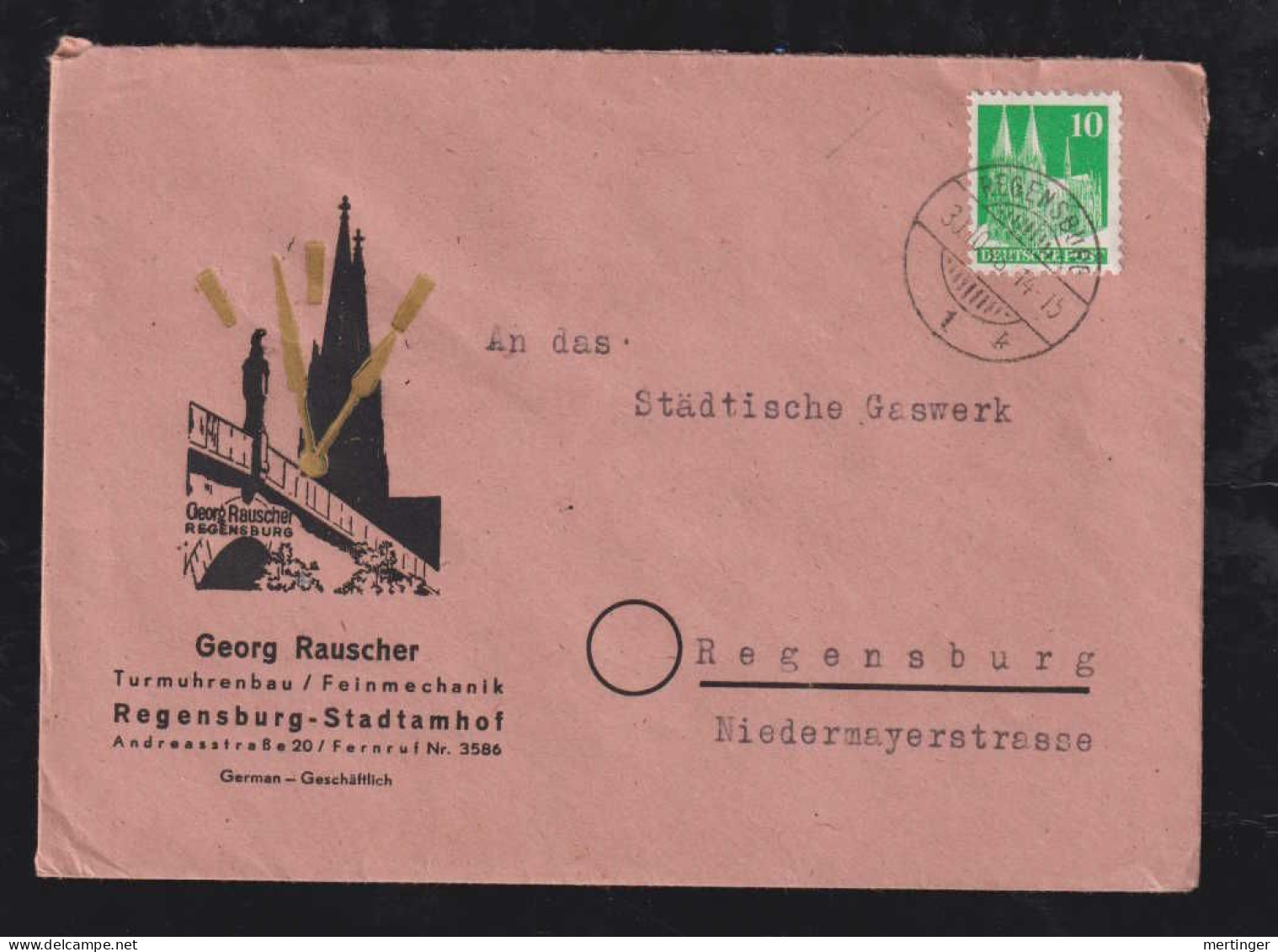 Bizone 1948 Orts Brief Regensburg Werbung Turm Uhren Bau Rauscher - Covers & Documents