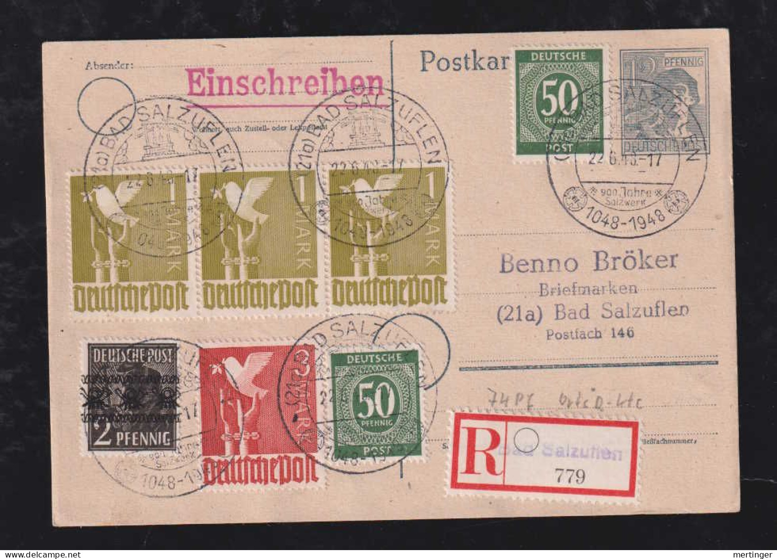 Bizone 1948 Zehnfachfrankatur 22.06. Einschreiben Orts Postkarte BAD SALZUFFEN - Briefe U. Dokumente