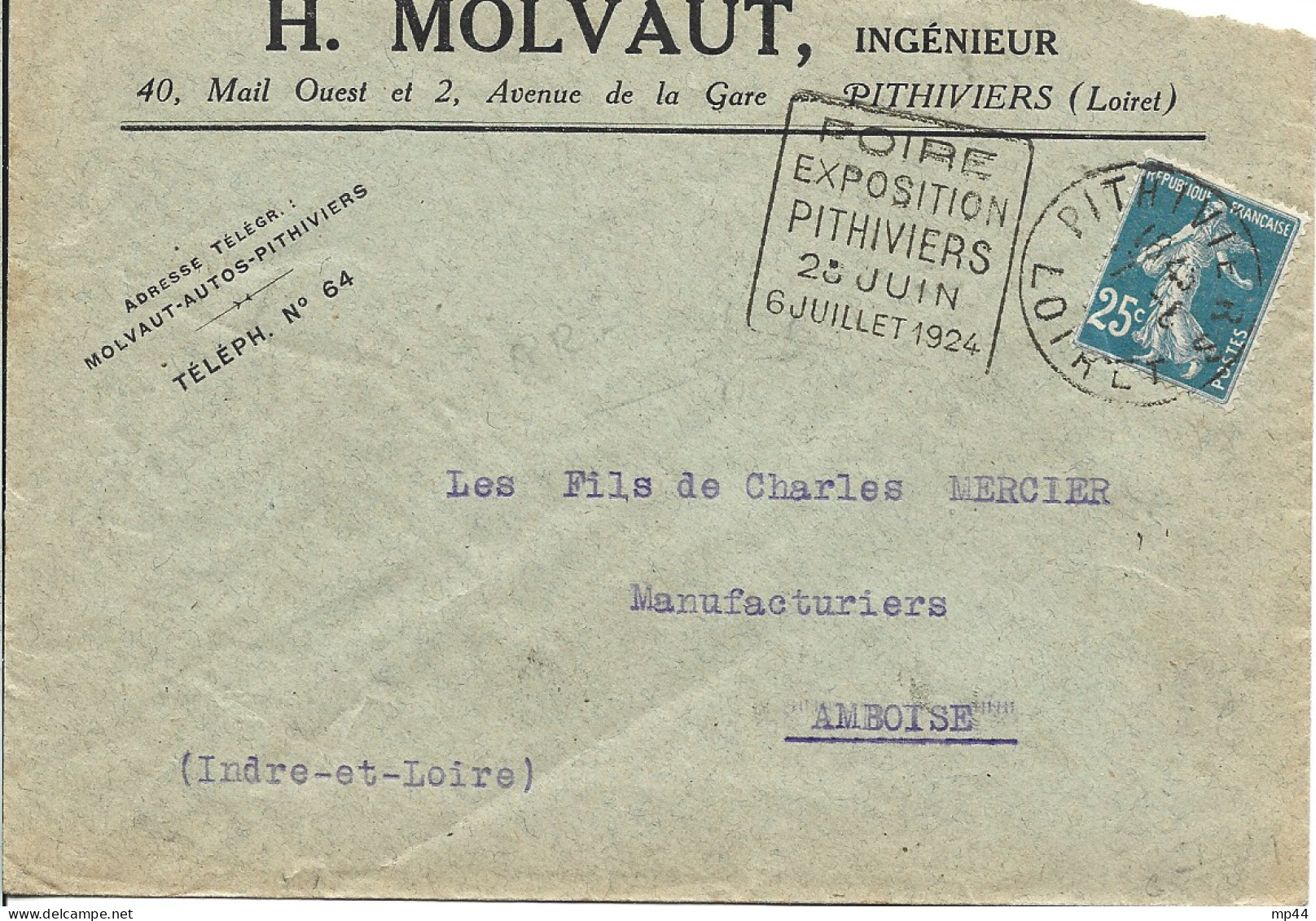 164  ---  45  PITHIVIERS  Daguin Foire Exposition 1924  30c Semeuse - Oblitérations Mécaniques (flammes)