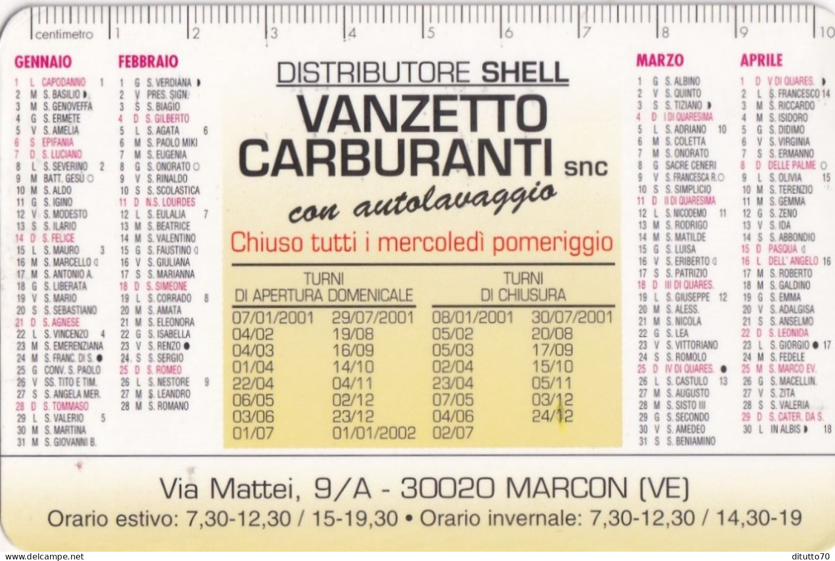 Calendarietto - Distributore Shell - Marcon - Venezia - Anno 2001 - Petit Format : 2001-...