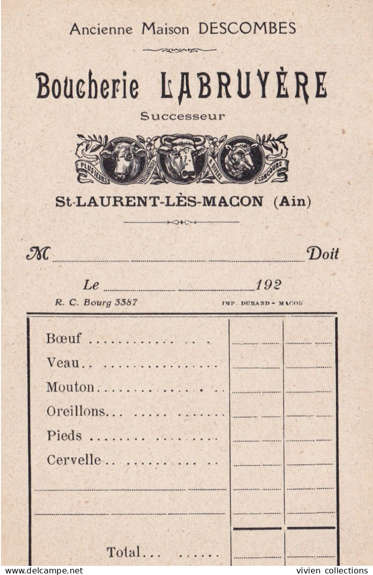 2 Factures Saint Laurent Lès Mâcon (01 Ain) De La Boucherie Descombes 1910 Puis Des Repreneurs Labruyère 1920 (14 X 9cm) - Alimentaire