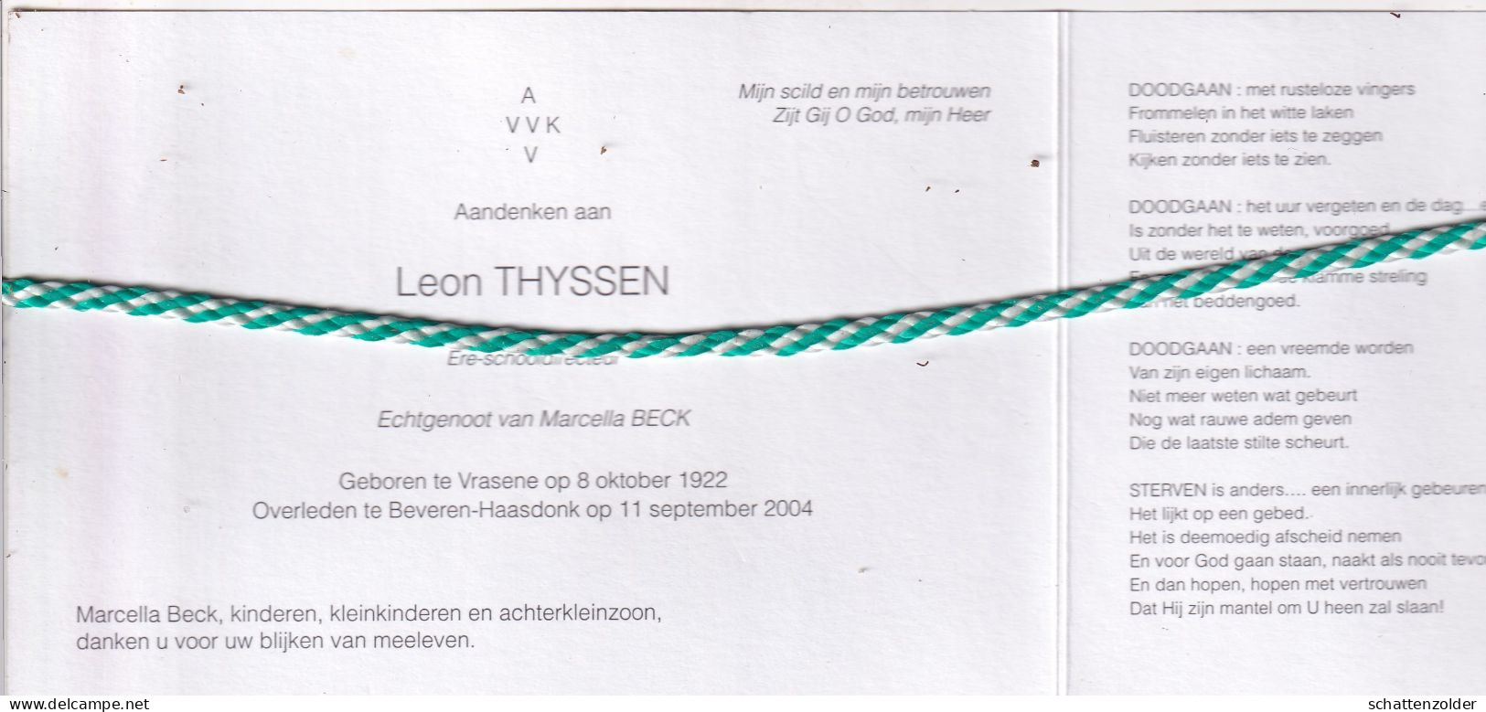 Leon Thyssen-Beck, Vrasene 1922, Beveren-Haasdonk 2004. Ere Schooldirecteur, AVV VVK, Foto - Décès