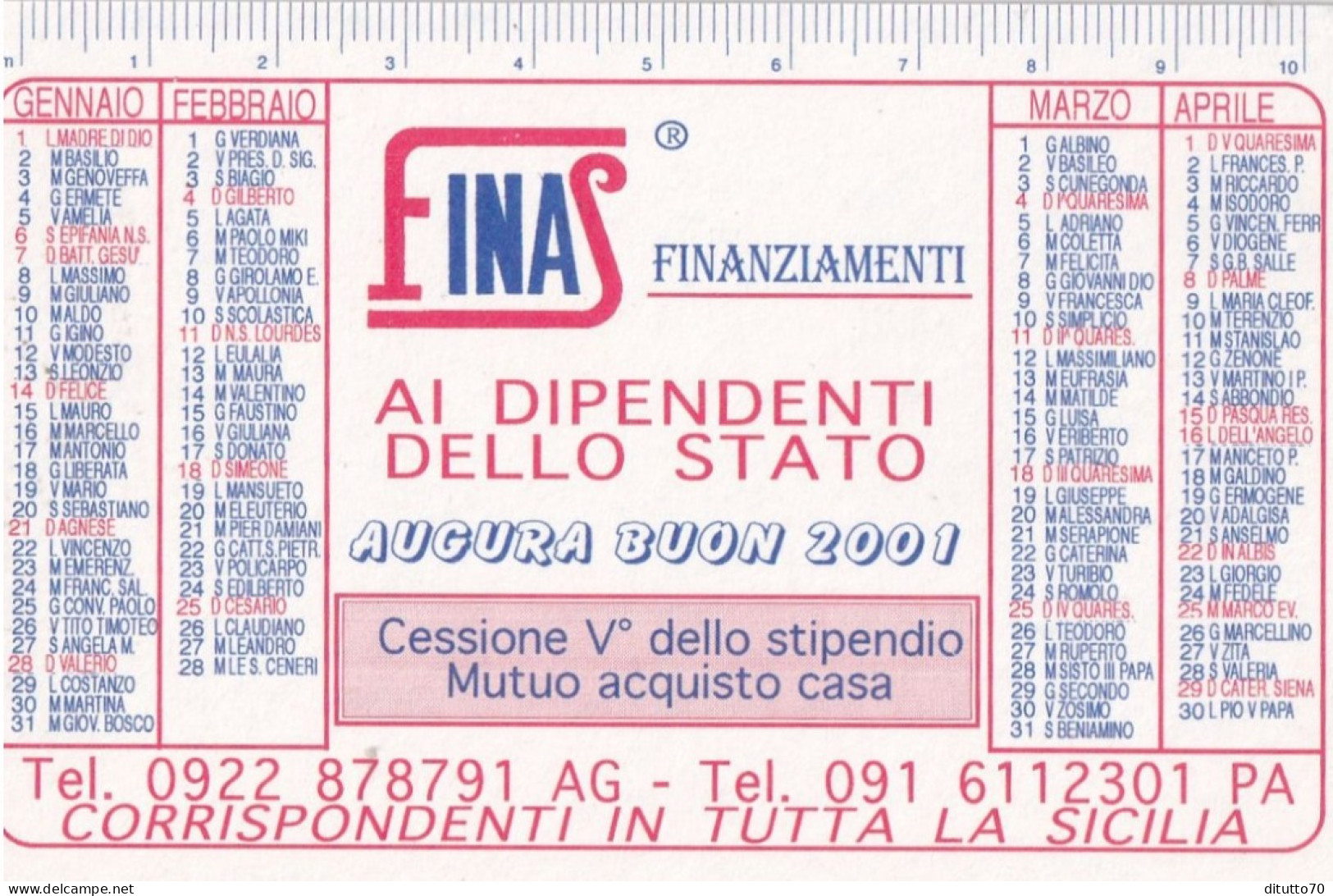 Calendarietto - Finas - Finanziamenti - Corrispondenti Per Tutta La Sicilia - Anno 2001 - Klein Formaat: 2001-...