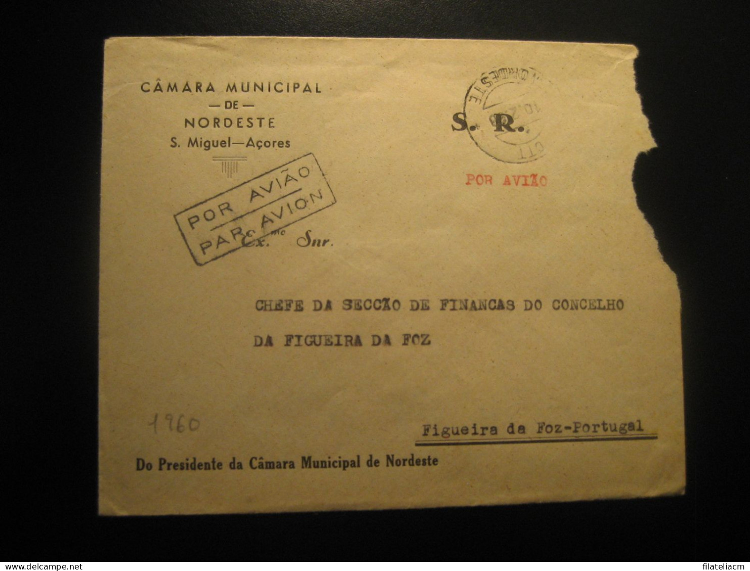 NORDESTE S. Miguel 1960 To Figueira Da Foz Air Cancel Postage Paid Faults Cover Portuguese Area Portugal AZORES Açores - Açores