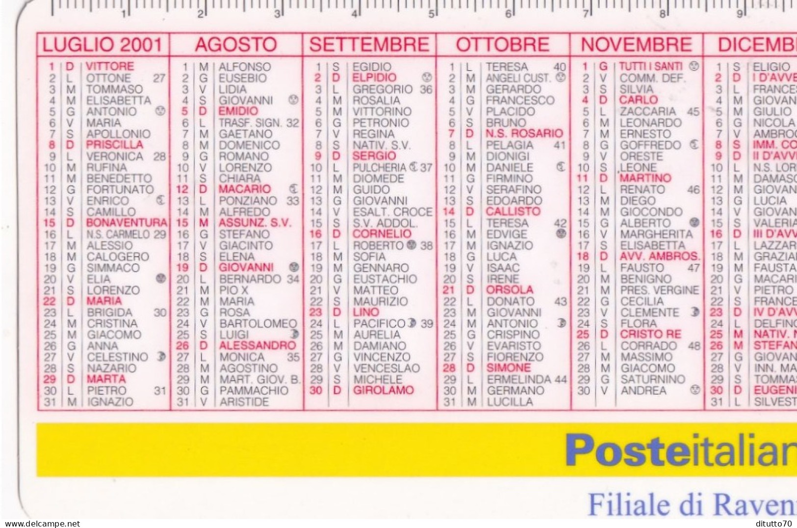 Calendarietto - Poste Italiane - -filiale Di Ravenna - Anno 2001 - Tamaño Pequeño : 2001-...